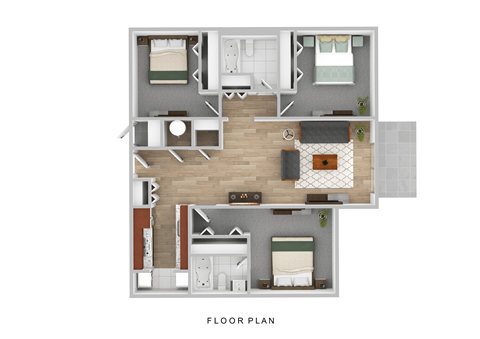 Floor plan for 3 beds, 2 baths, 1177 sqft